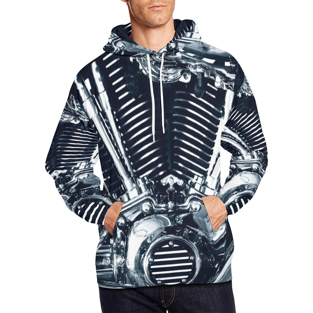 Chromium Plated V Type Motorbike Engine All Over Print Hoodie