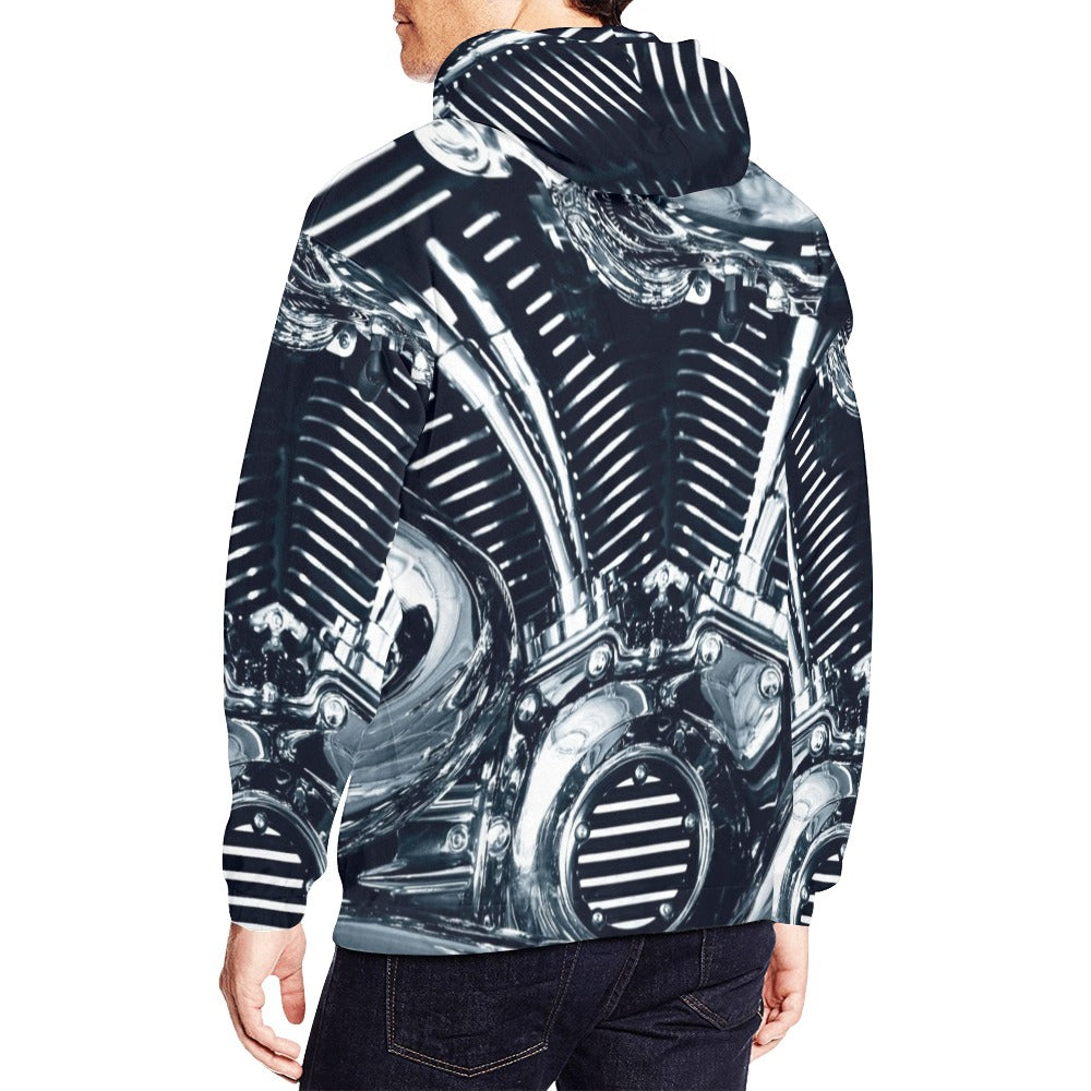Chromium Plated V Type Motorbike Engine All Over Print Hoodie