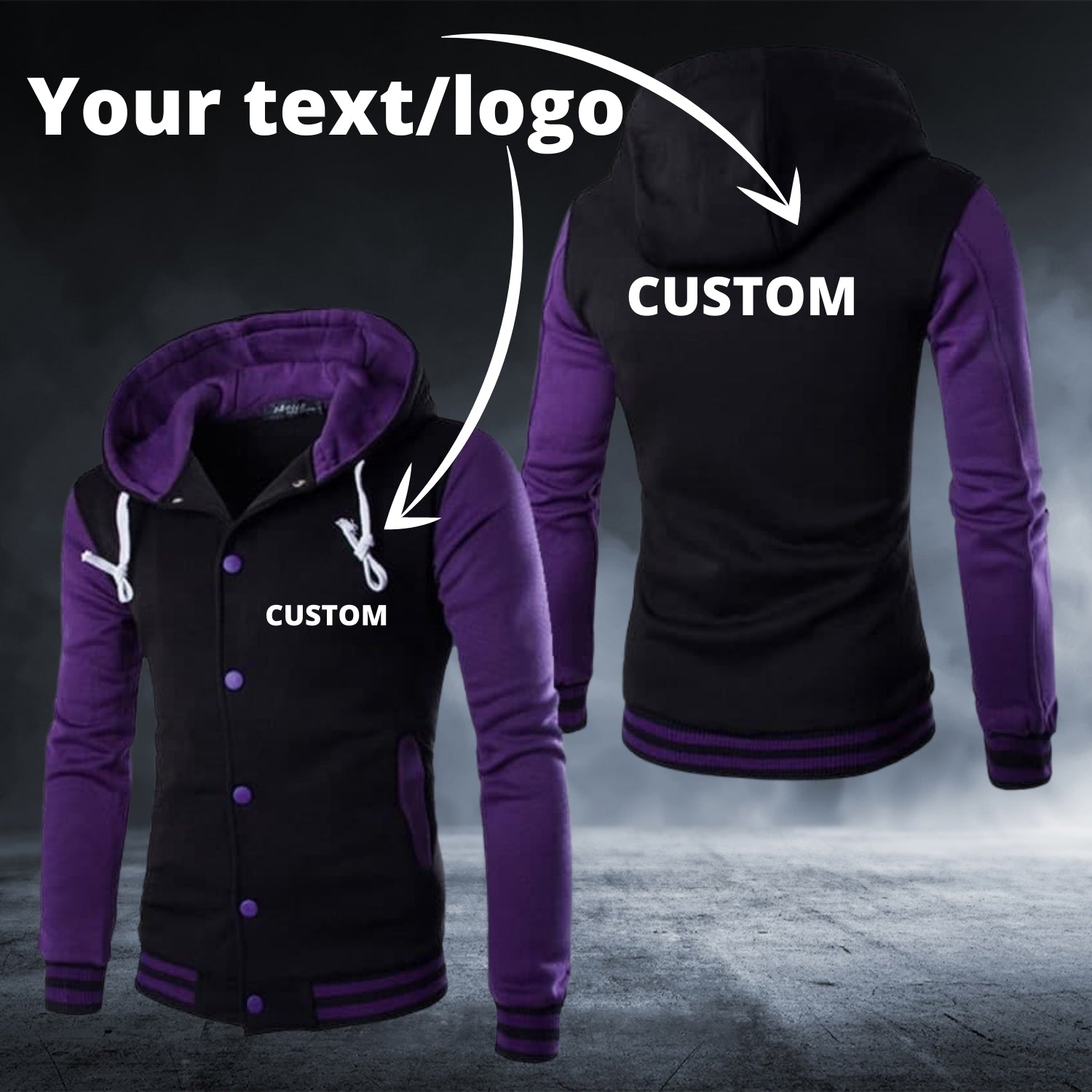 Personalized Custom Text/Logo Purple Long Sleeve Baseball Hoodie - Top Content | POD Collection | Free Shipping