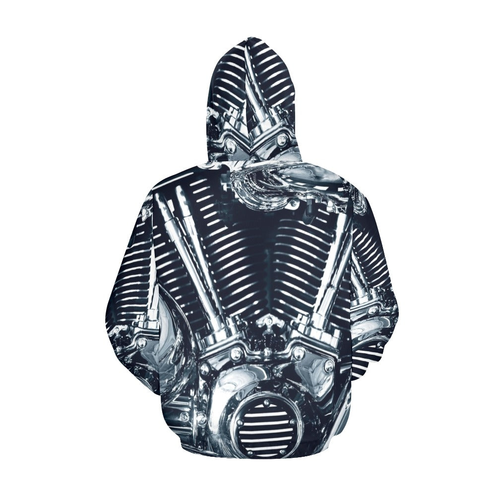 Chromium Plated V Type Motorbike Engine All Over Print Hoodie