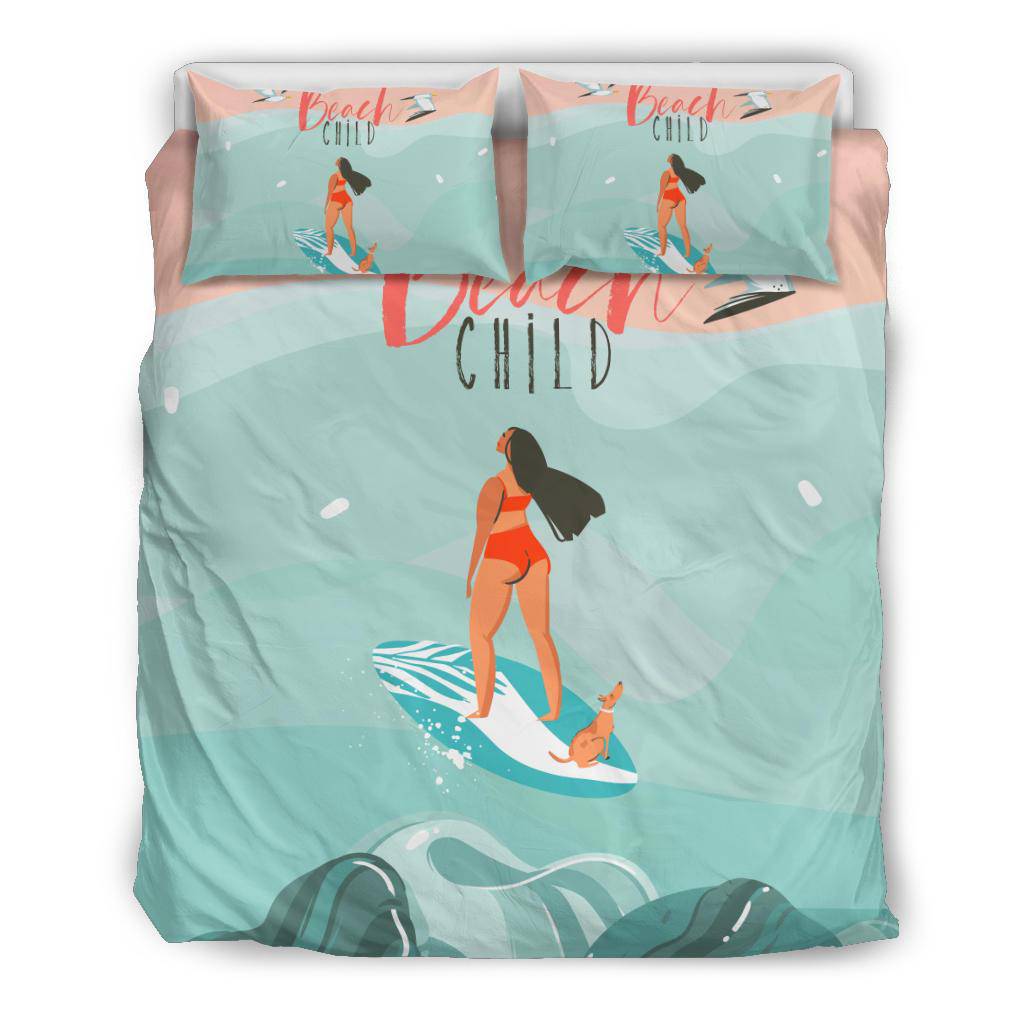 Hand Drawn Cartoon Happy Woman, Beach Child Bedding Set - Top Content | POD Collection | Free Shipping