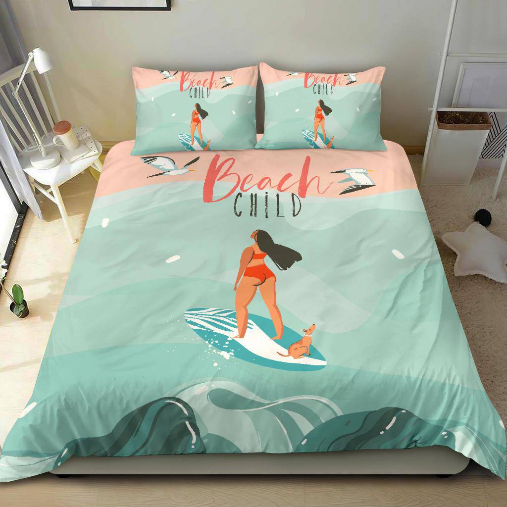 Hand Drawn Cartoon Happy Woman, Beach Child Bedding Set - Top Content | POD Collection | Free Shipping