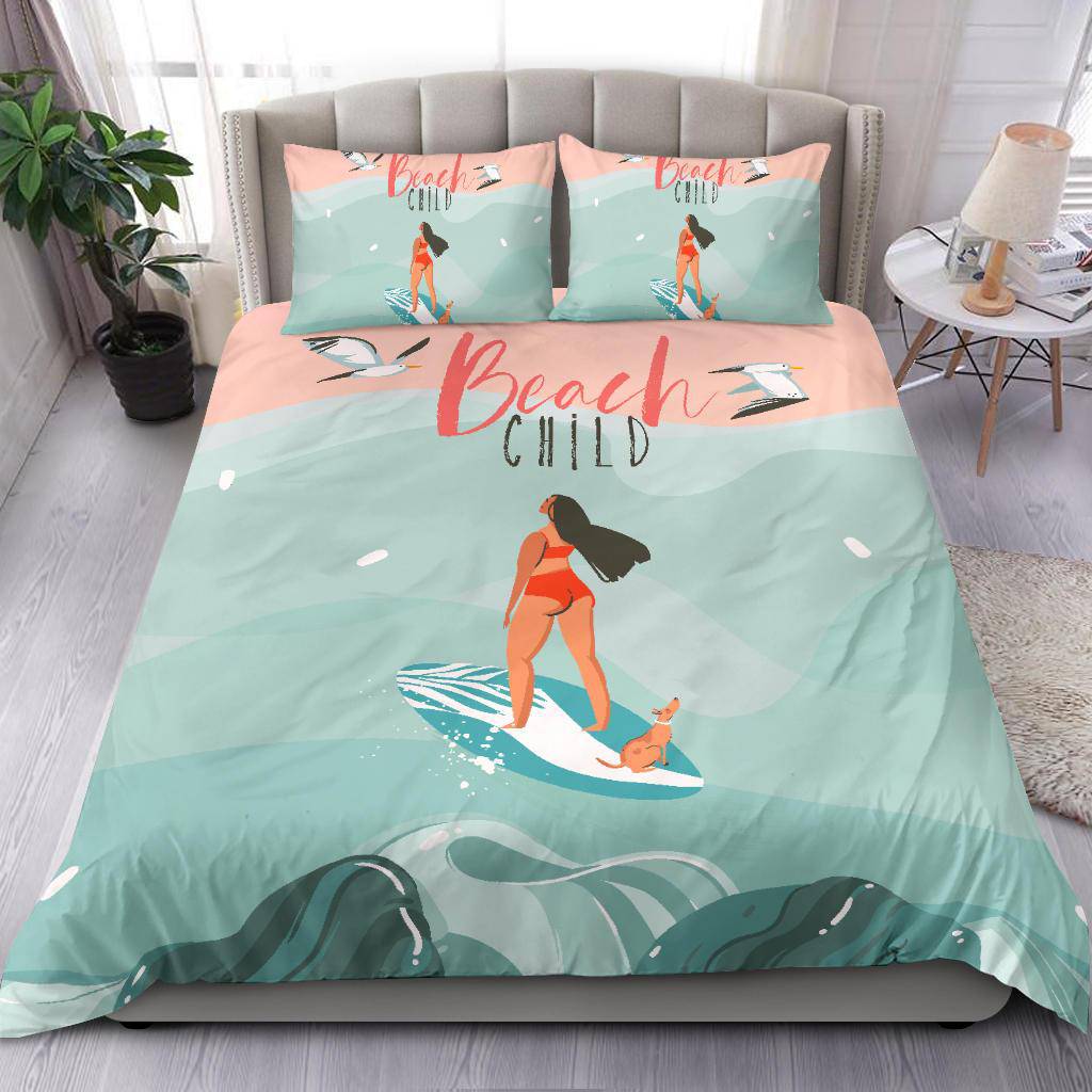 Hand Drawn Cartoon Happy Woman, Beach Child Bedding Set - Top Content | POD Collection | Free Shipping