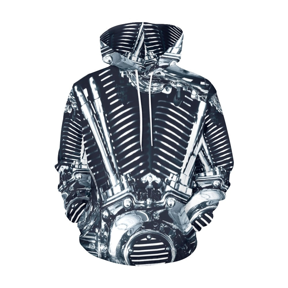 Chromium Plated V Type Motorbike Engine All Over Print Hoodie